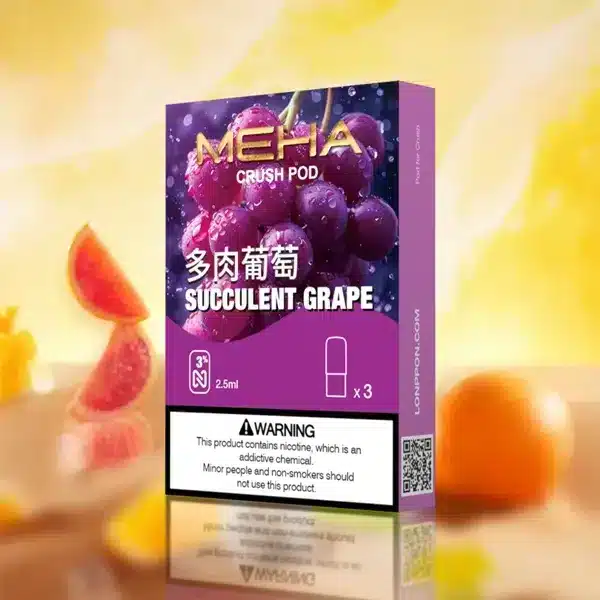 MEHA 魅嗨五代煙彈 Crush 系列三入裝外盒,具備 2.5ml 透明大容量煙倉與防漏設計