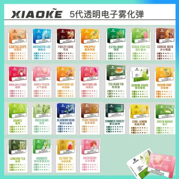 梟客 XIAOKE 5 代霧化煙彈包裝與 RELX 悅刻五代主機組合示意圖,主打 0 焦油 3% 尼古丁與高相容性,台灣熱銷電子煙配件首選。